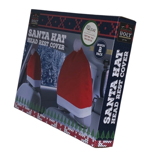 Santa Hat Car Seat Headrest Covers Auto Accessory Car Decoration 2 Pack - Picture 6 of 14